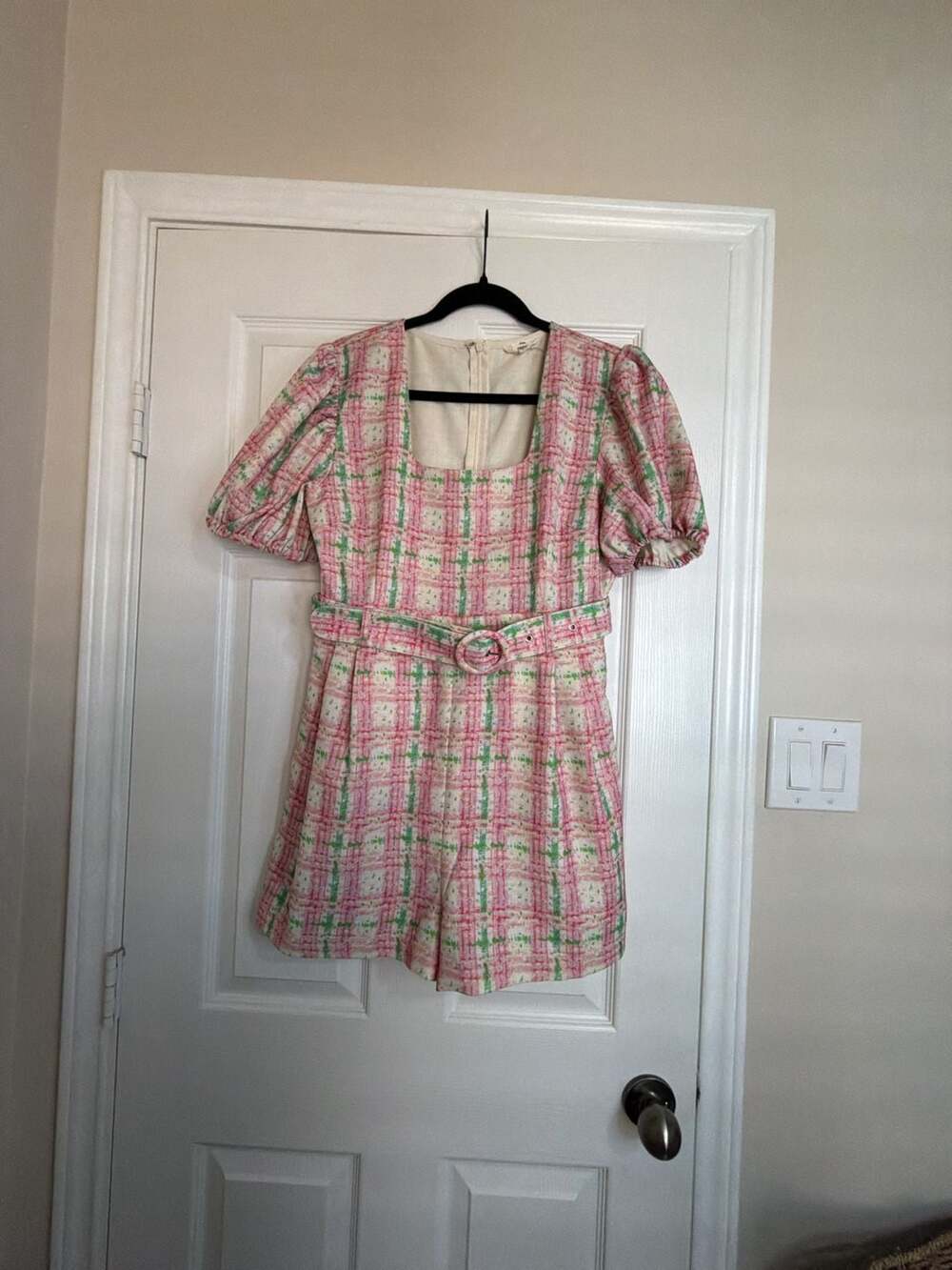 Entro Pink and Green Gingham Puff Sleeve Romper Size L